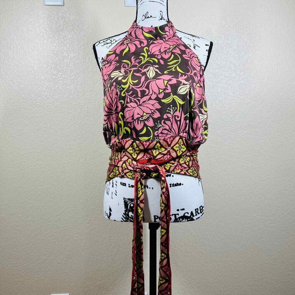 Haute Hippie pink halter top floral mock neck open back size L boho baddie - Picture 5 of 10